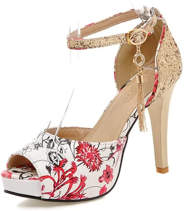 ChaiRong Zhou Women's Fashion Platform High Heels Open Peep Toe Stiletto Sandals Glitter Sequins Ankle Buckle Tassels Pumps