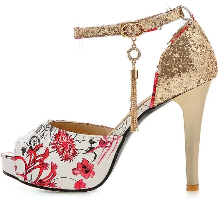 ChaiRong Zhou Women's Fashion Platform High Heels Open Peep Toe Stiletto Sandals Glitter Sequins Ankle Buckle Tassels Pumps