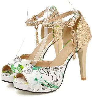 ChaiRong Zhou Women's Fashion Platform High Heels Open Peep Toe Stiletto Sandals Glitter Sequins Ankle Buckle Tassels Pumps