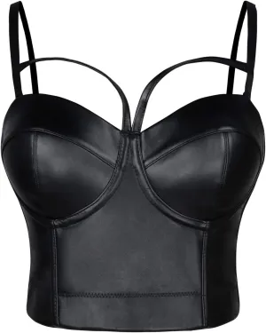 Charmian Women's Spaghetti Straps PU Leather Bustier Crop Top