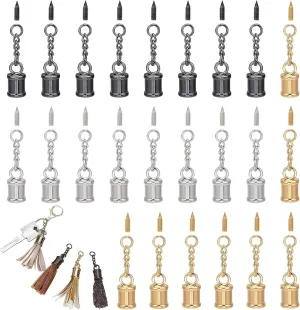 CHGCRAFT 24 Pcs 3 Colors Tassel Cord End Cap with Screw and Chain, 1 inch Leather Tassel Alloy Glue in Cord for Bag Ornament DIY Bracelet Necklace Crafts Jewelry Making