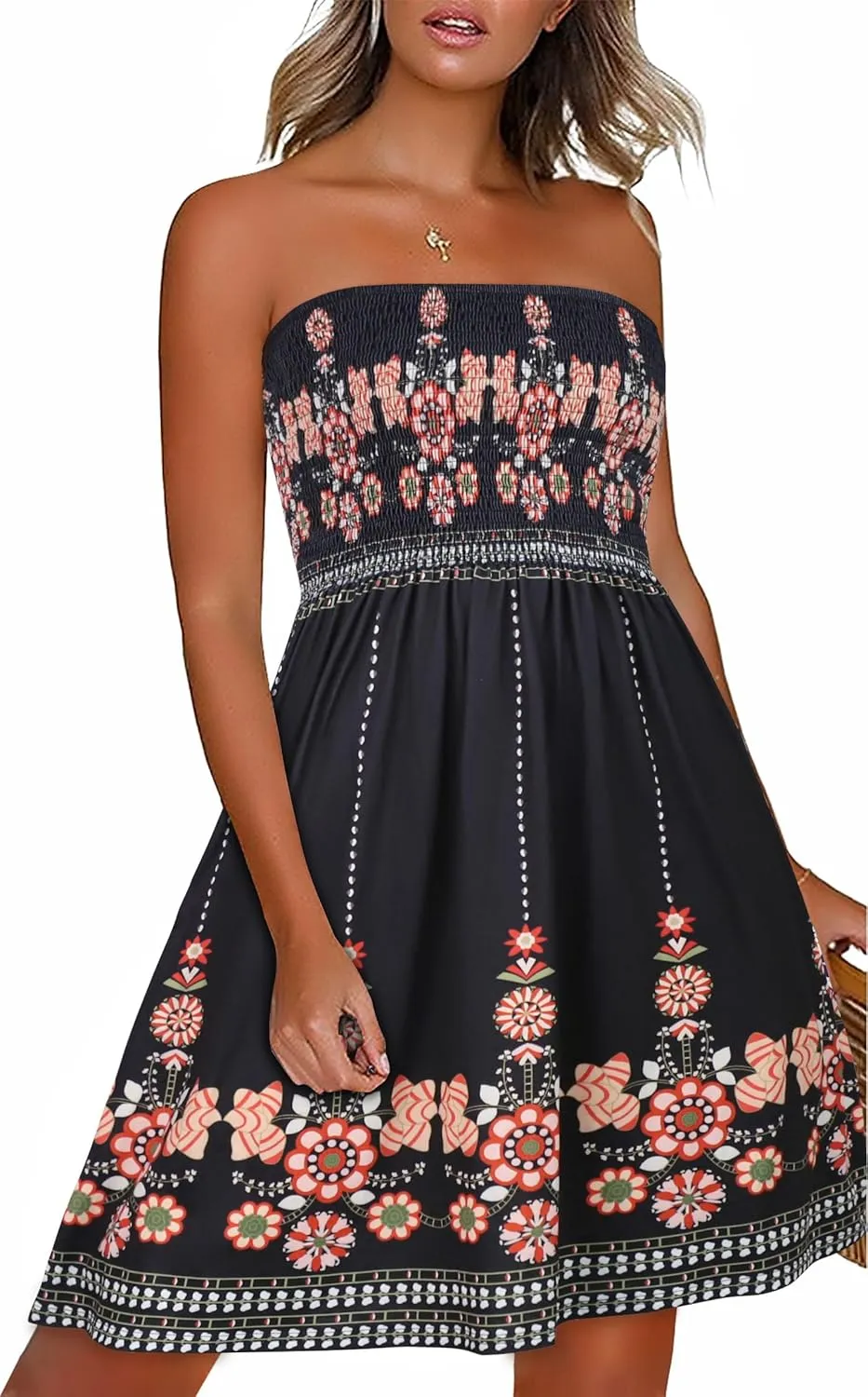 CHICGAL Summer Dresses for Women Beach Cover Ups Strapless Boho Floral Print Sundress