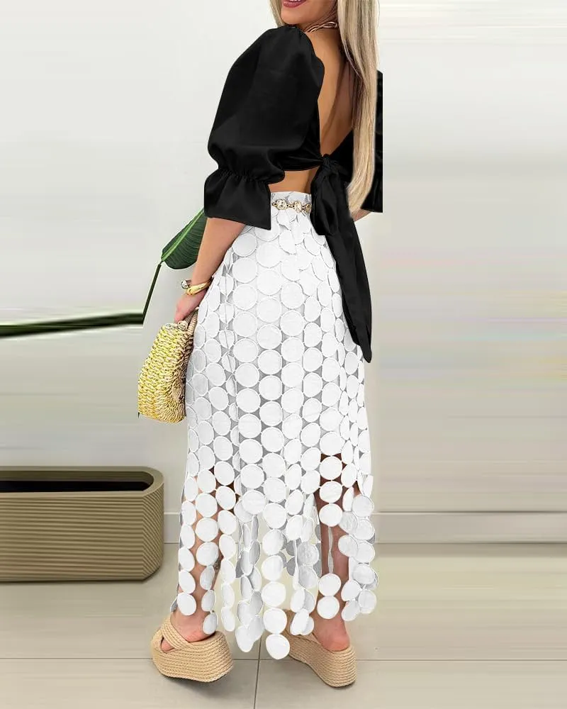CHICME Womens Beach Dress Vocation Midi Skirt Hollow-Out Boho Tassel Over-Knee Long Skirt