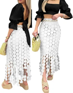 CHICME Womens Beach Dress Vocation Midi Skirt Hollow-Out Boho Tassel Over-Knee Long Skirt