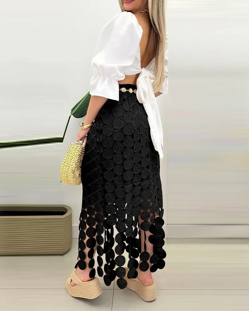 CHICME Womens Beach Dress Vocation Midi Skirt Hollow-Out Boho Tassel Over-Knee Long Skirt