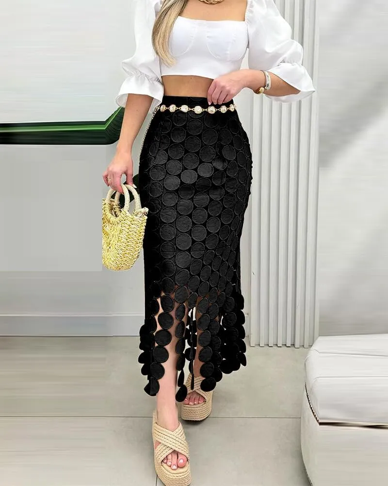 CHICME Womens Beach Dress Vocation Midi Skirt Hollow-Out Boho Tassel Over-Knee Long Skirt