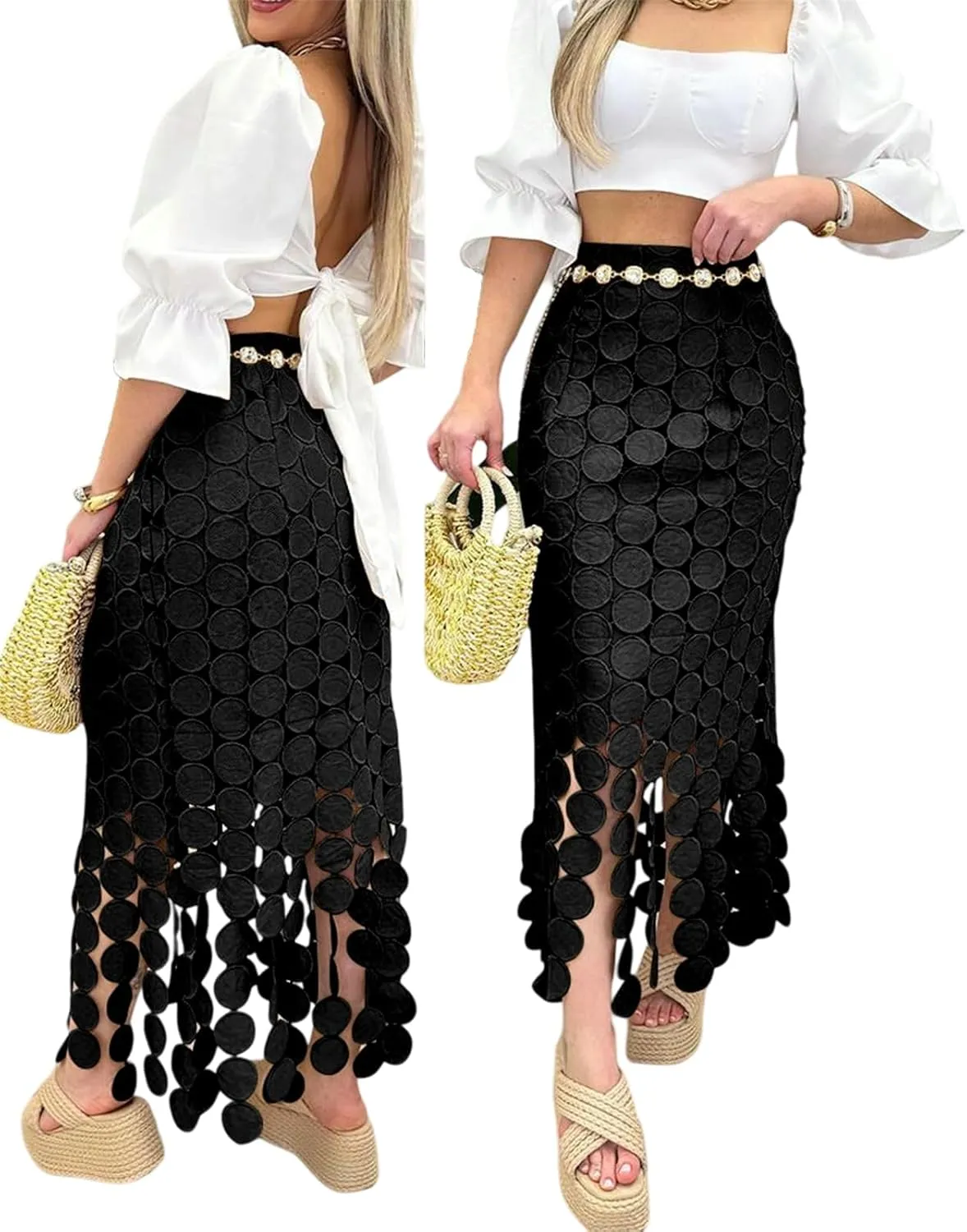 CHICME Womens Beach Dress Vocation Midi Skirt Hollow-Out Boho Tassel Over-Knee Long Skirt