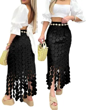 CHICME Womens Beach Dress Vocation Midi Skirt Hollow-Out Boho Tassel Over-Knee Long Skirt