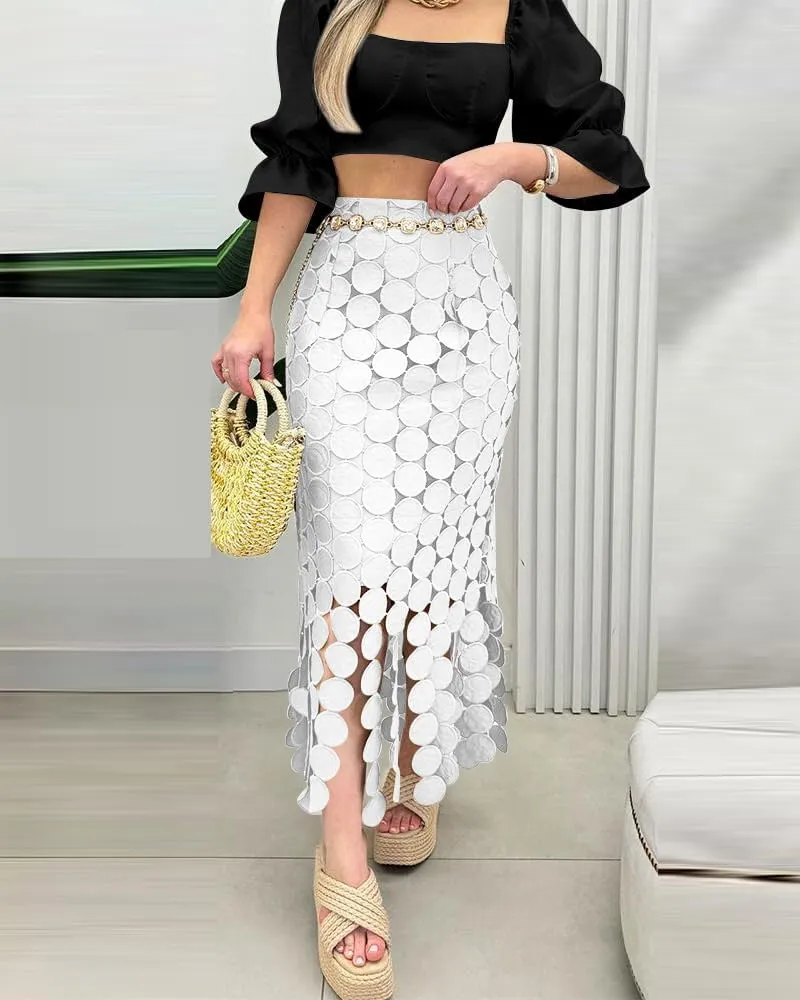 CHICME Womens Beach Dress Vocation Midi Skirt Hollow-Out Boho Tassel Over-Knee Long Skirt