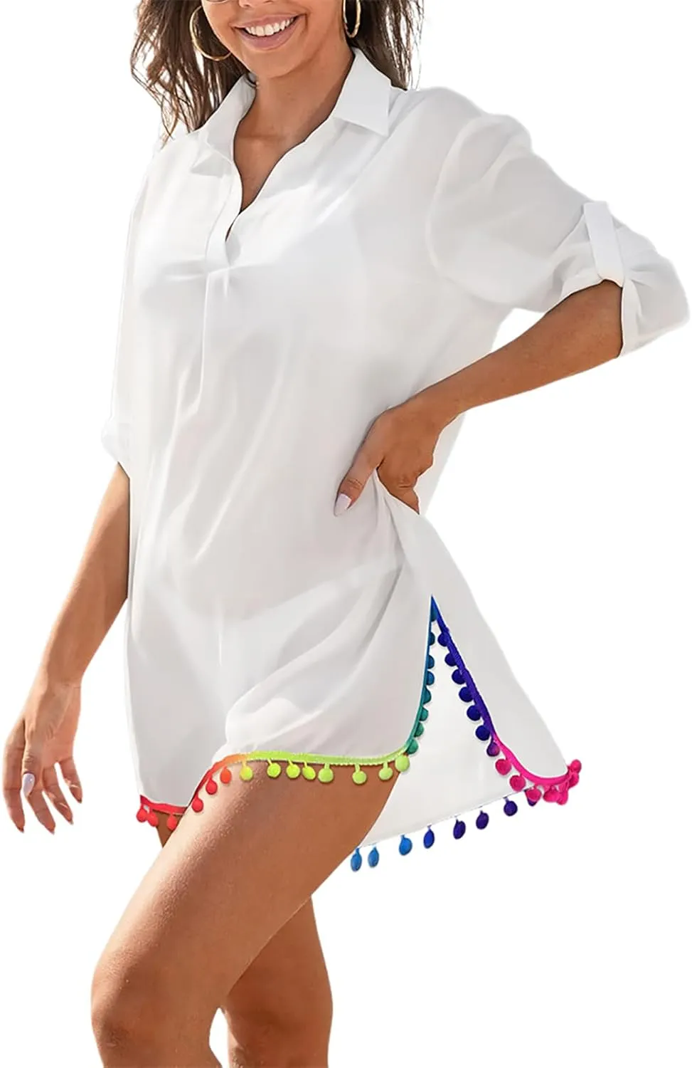 ChicMe Womens Cover ups for Swimwear Roll Up Sleeve Tassel Hem Pompom Side Slit Beach Dress Holiday Dress-be-L Beige