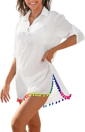 ChicMe Womens Cover ups for Swimwear Roll Up Sleeve Tassel Hem Pompom Side Slit Beach Dress Holiday Dress-be-L Beige