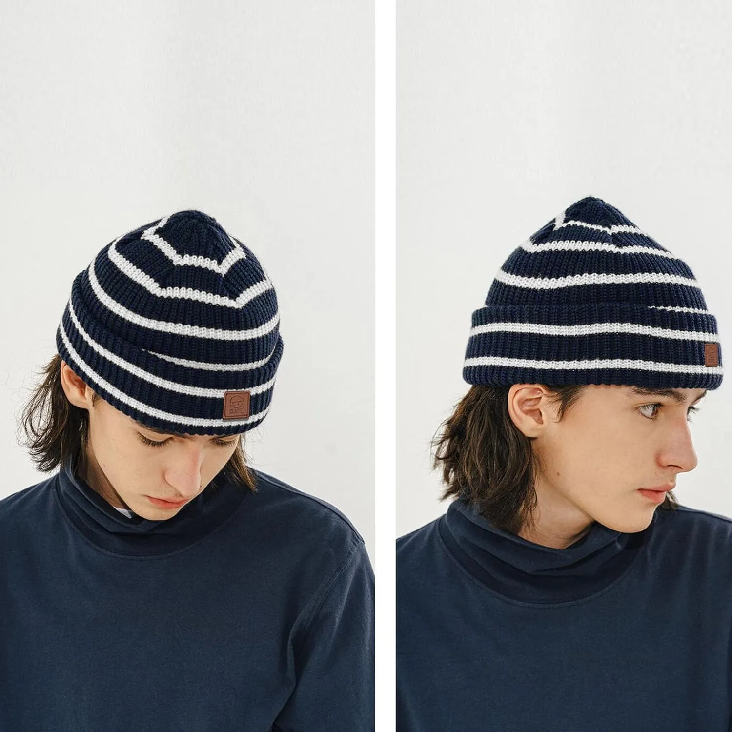 CLAPE Unisex Slouchy Cuff Toboggan Cap Knit Hat Fashion Striped Beanie Stocking Cap Warm Cozy Knitted Ski Hat Skullies Caps