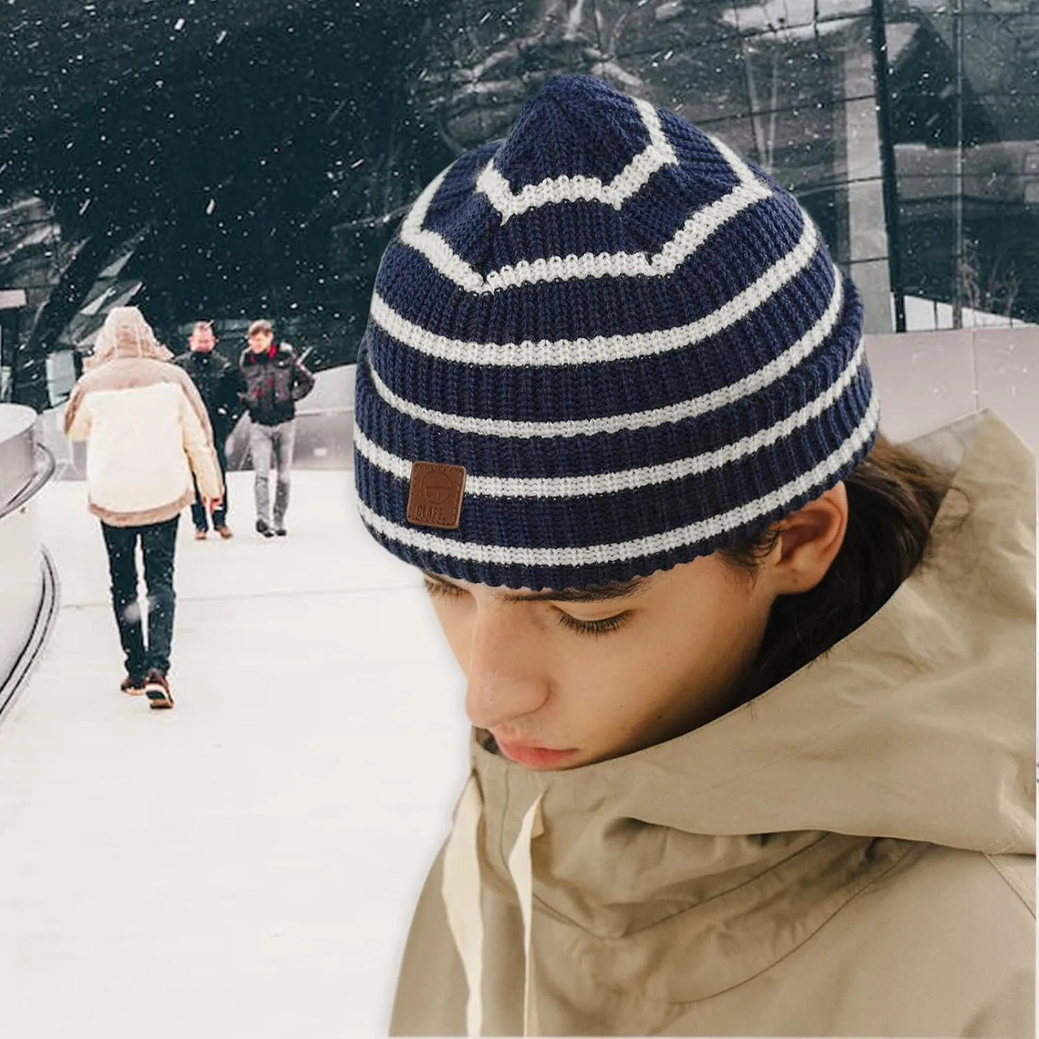 CLAPE Unisex Slouchy Cuff Toboggan Cap Knit Hat Fashion Striped Beanie Stocking Cap Warm Cozy Knitted Ski Hat Skullies Caps
