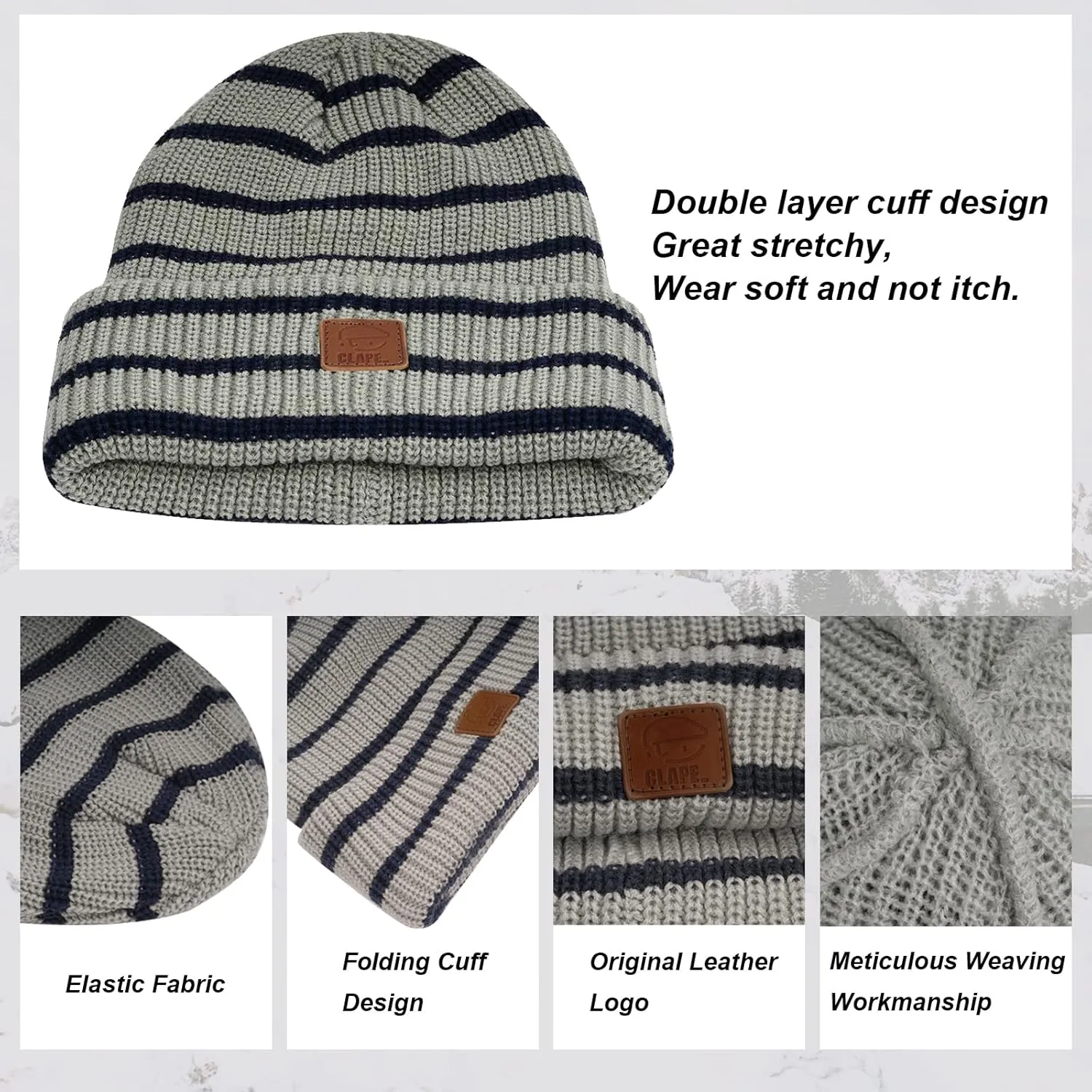 CLAPE Unisex Slouchy Cuff Toboggan Cap Knit Hat Fashion Striped Beanie Stocking Cap Warm Cozy Knitted Ski Hat Skullies Caps