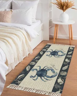 Coastal Crab Rugs for Entryway 2'x5', Laundry Room Rug Washable Woven Cotton Area Rug with Tassels Runner Rug, Nautical Ocean Beach Fish Starfish Non Slip Throw Rug Carpet for Hallways Bedroom