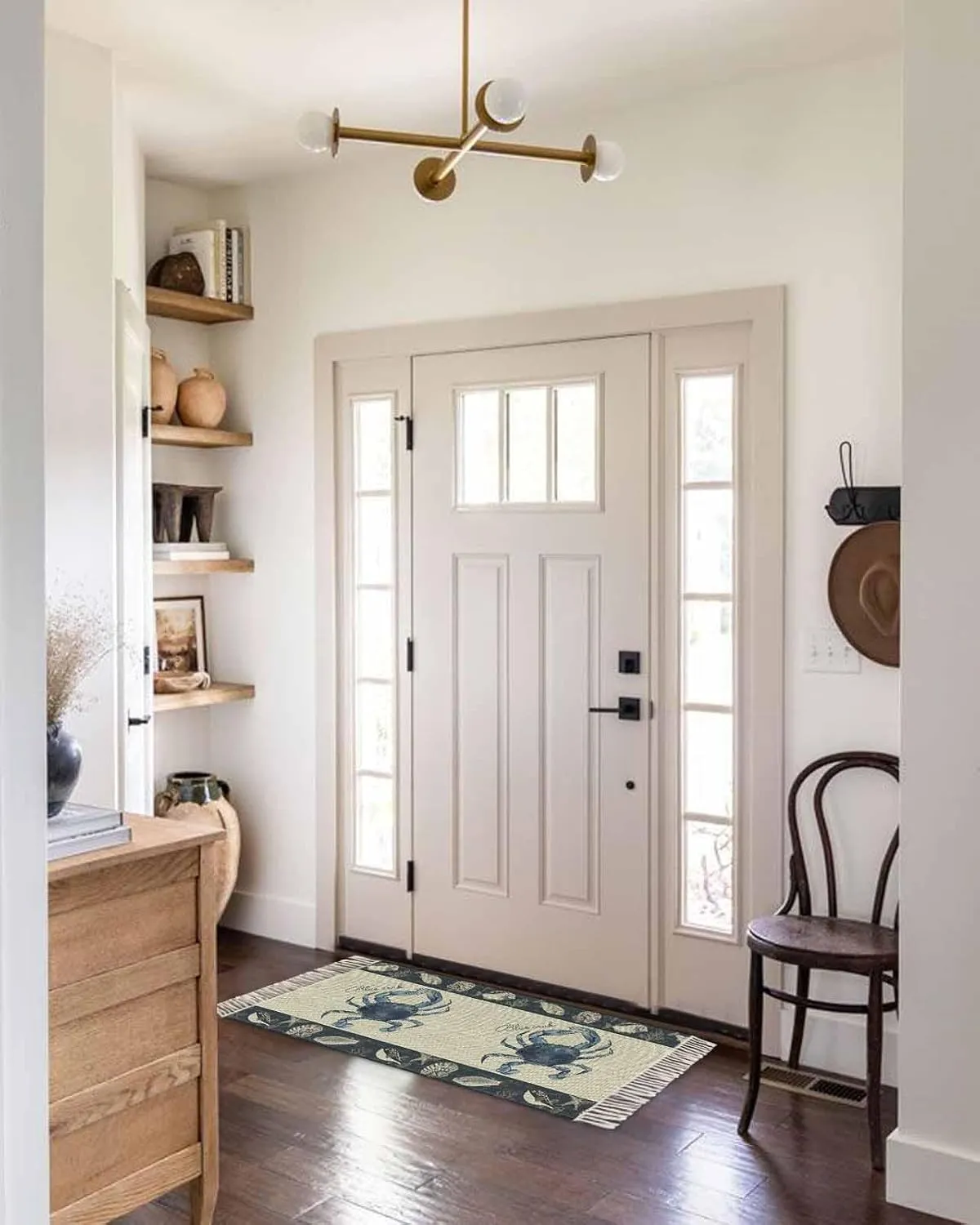 Coastal Crab Rugs for Entryway 2'x5', Laundry Room Rug Washable Woven Cotton Area Rug with Tassels Runner Rug, Nautical Ocean Beach Fish Starfish Non Slip Throw Rug Carpet for Hallways Bedroom