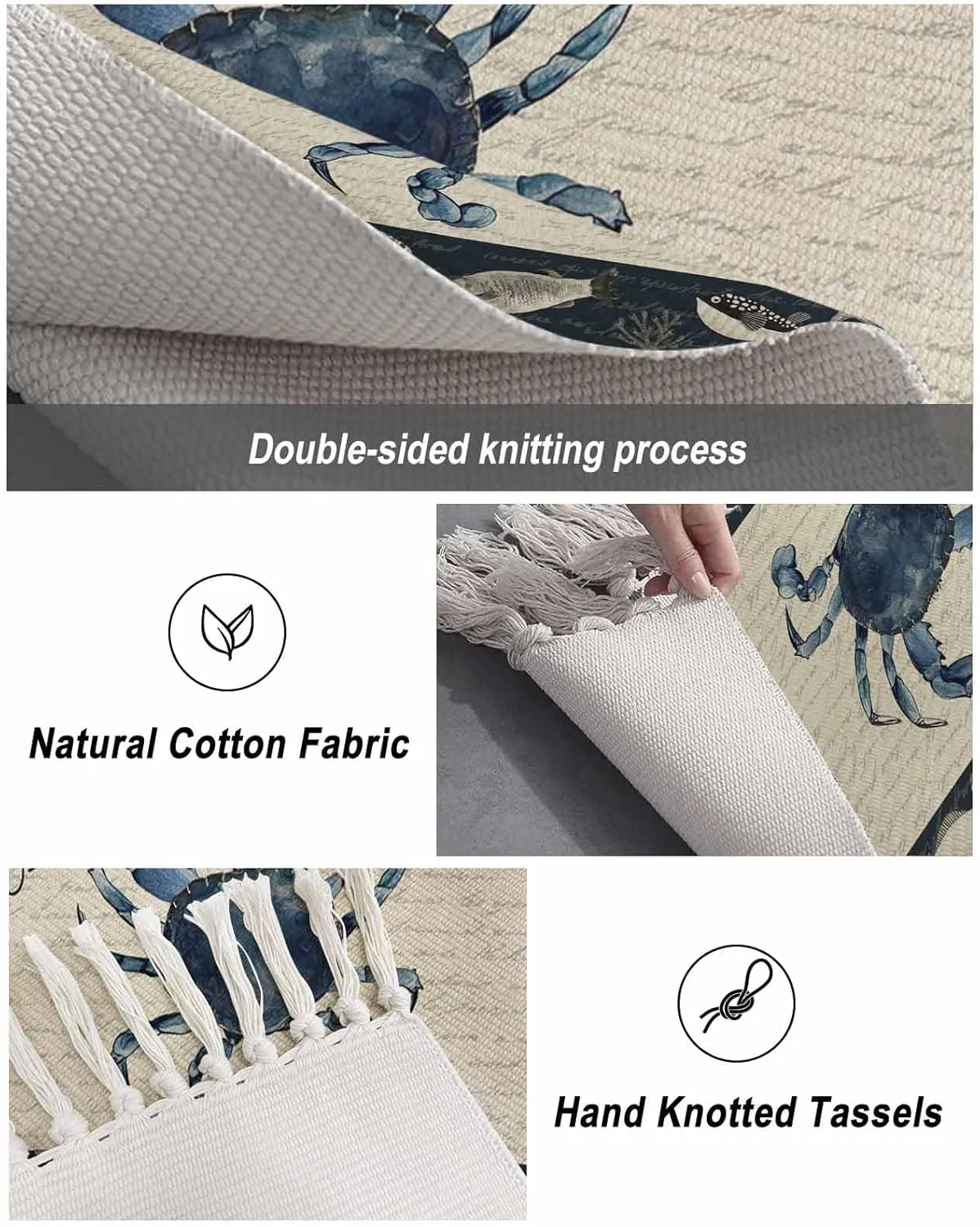 Coastal Crab Rugs for Entryway 2'x5', Laundry Room Rug Washable Woven Cotton Area Rug with Tassels Runner Rug, Nautical Ocean Beach Fish Starfish Non Slip Throw Rug Carpet for Hallways Bedroom