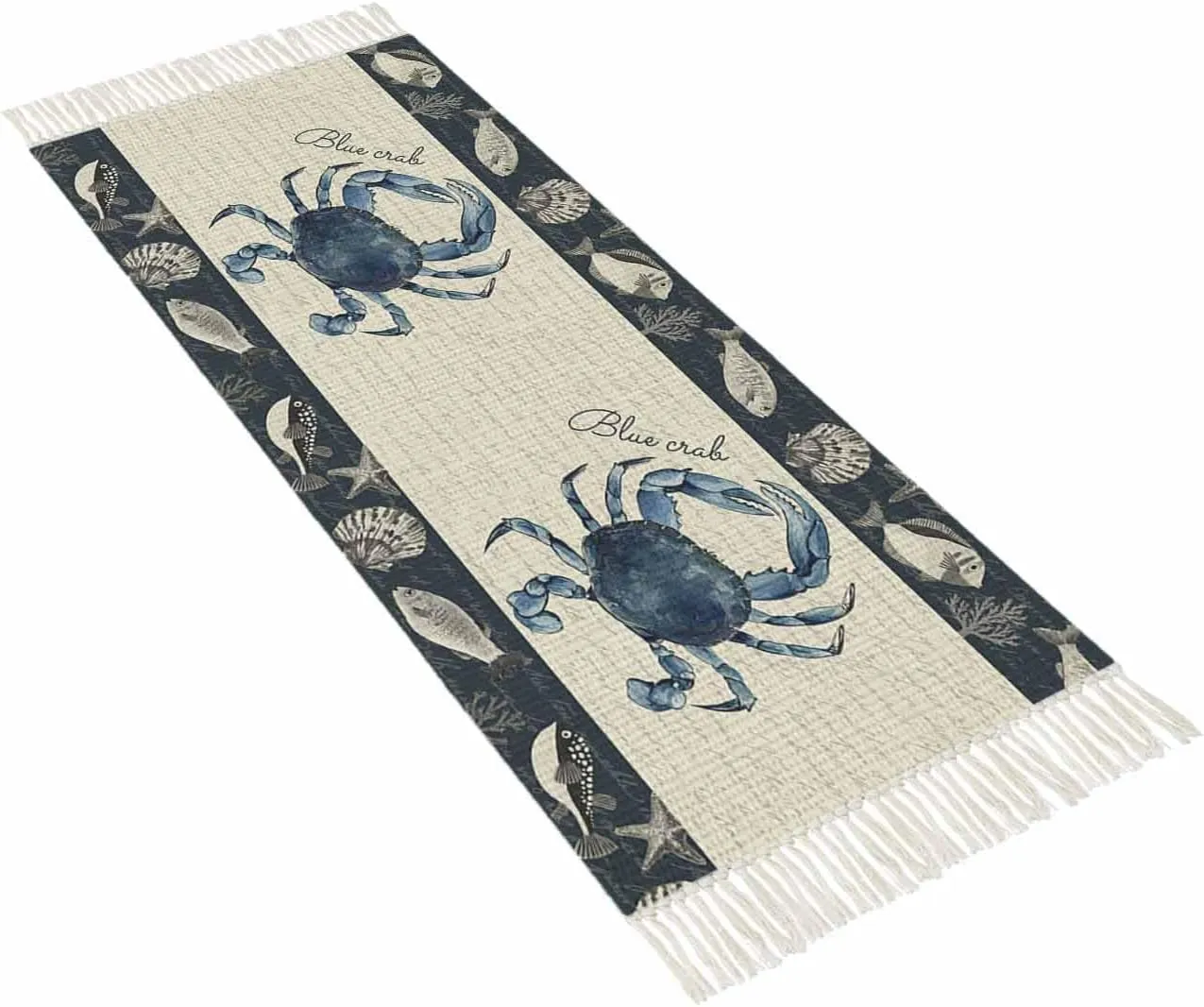 Coastal Crab Rugs for Entryway 2'x5', Laundry Room Rug Washable Woven Cotton Area Rug with Tassels Runner Rug, Nautical Ocean Beach Fish Starfish Non Slip Throw Rug Carpet for Hallways Bedroom