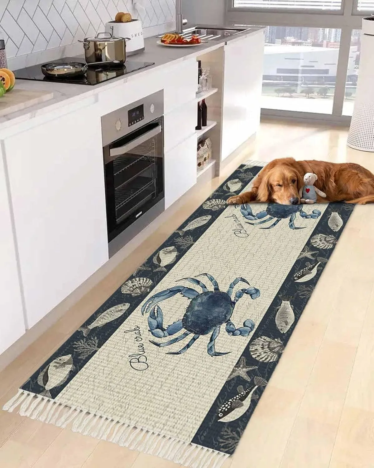Coastal Crab Rugs for Entryway 2'x5', Laundry Room Rug Washable Woven Cotton Area Rug with Tassels Runner Rug, Nautical Ocean Beach Fish Starfish Non Slip Throw Rug Carpet for Hallways Bedroom