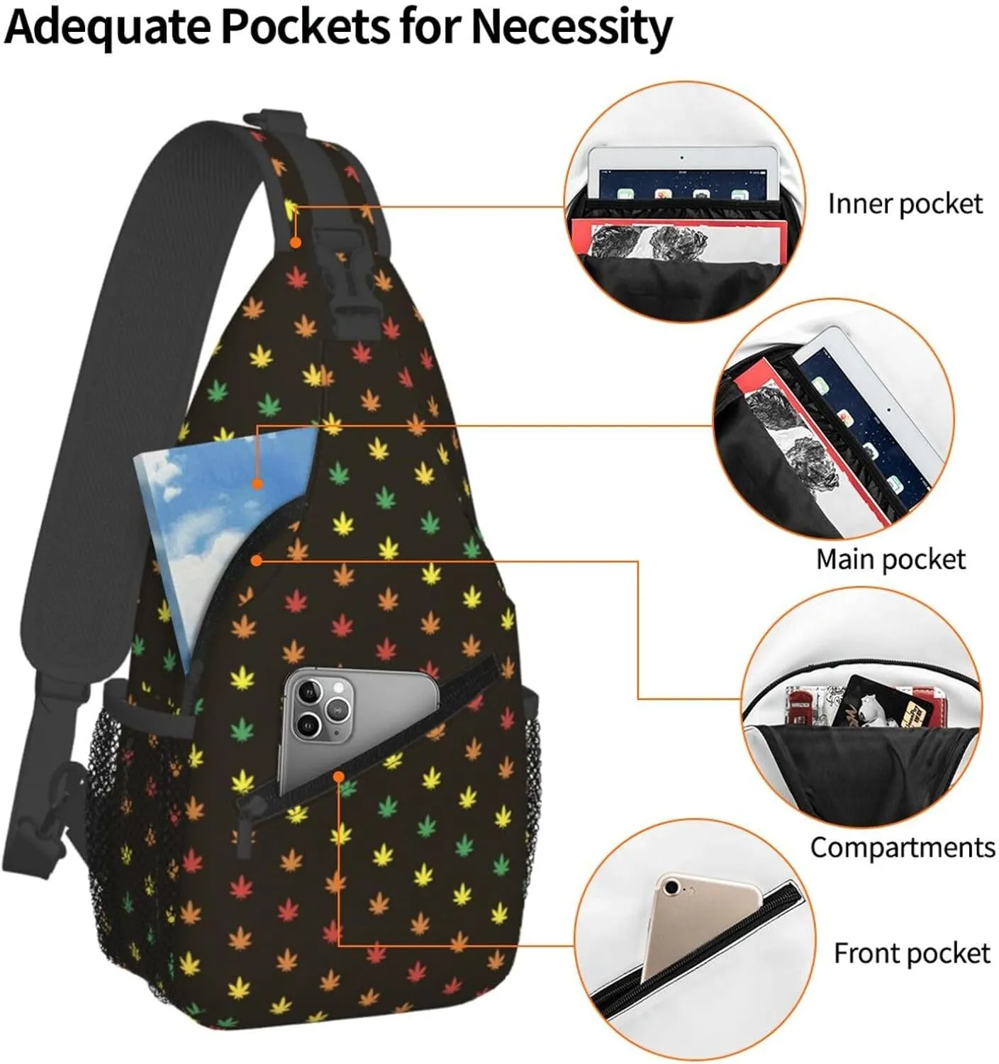 Colourful Marijuana Leaf Chest Bags Crossbody Sling Bag Shoulder Bag Travel Hiking Daypack For Men Women