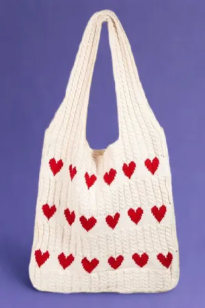 Contrast Heart Crochet Tote Bag