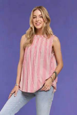 Contrast Striped Frill Round Neck Sleeveless Top