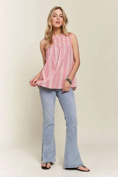 Contrast Striped Frill Round Neck Sleeveless Top