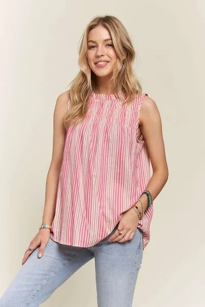 Contrast Striped Frill Round Neck Sleeveless Top