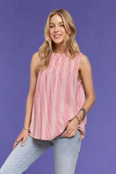 Contrast Striped Frill Round Neck Sleeveless Top