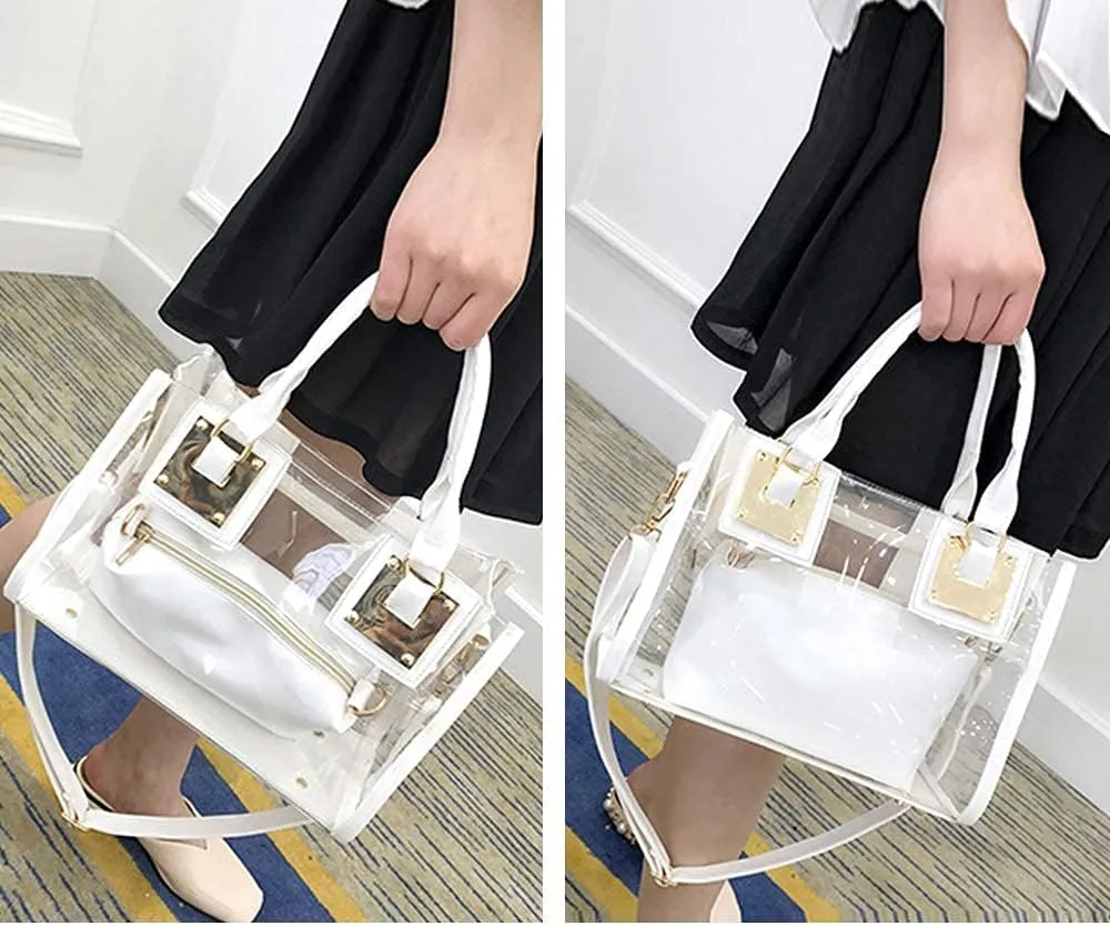 Cooba 2Pcs Handbags Purse for Women Clear Bag PVC Leather Satchel Crossbody Bag Transparent Jelly Bag Beach Shoulder Bag