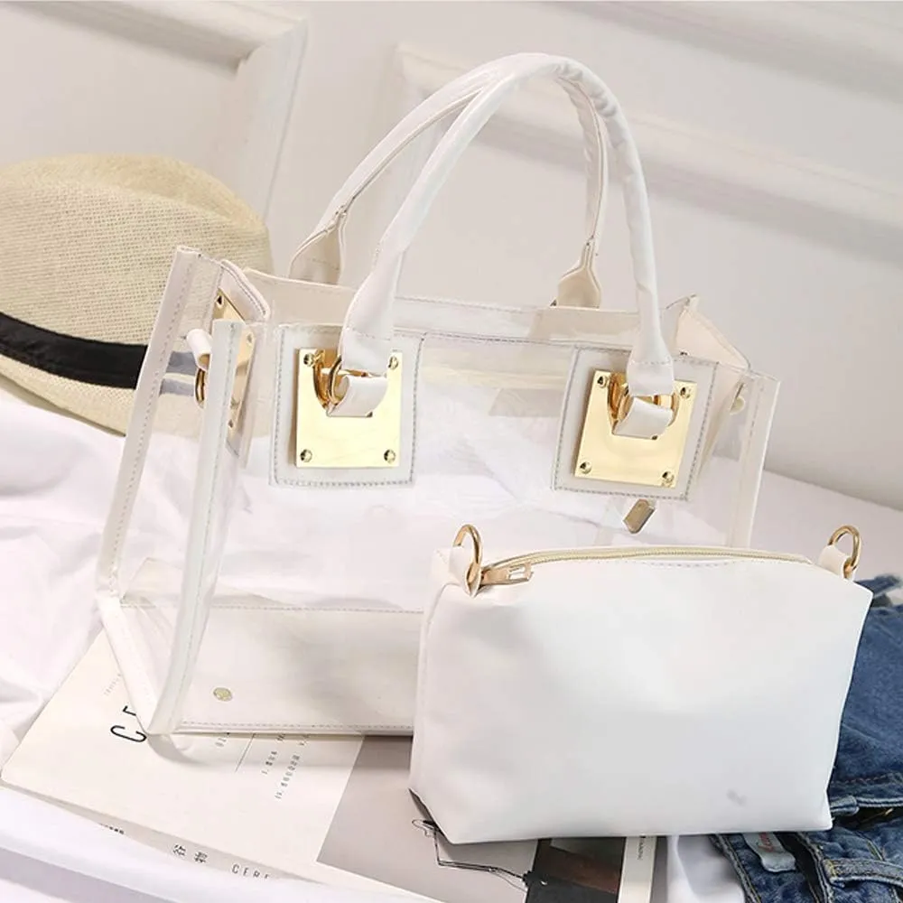 Cooba 2Pcs Handbags Purse for Women Clear Bag PVC Leather Satchel Crossbody Bag Transparent Jelly Bag Beach Shoulder Bag