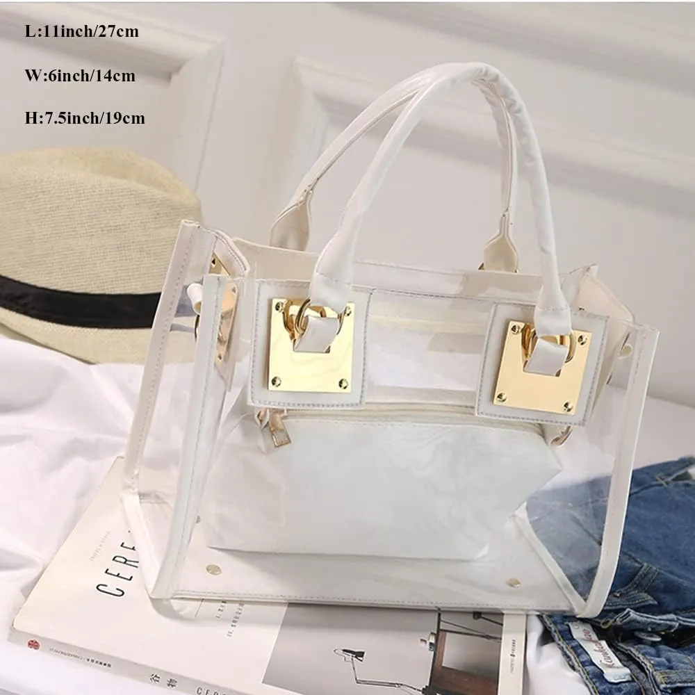 Cooba 2Pcs Handbags Purse for Women Clear Bag PVC Leather Satchel Crossbody Bag Transparent Jelly Bag Beach Shoulder Bag