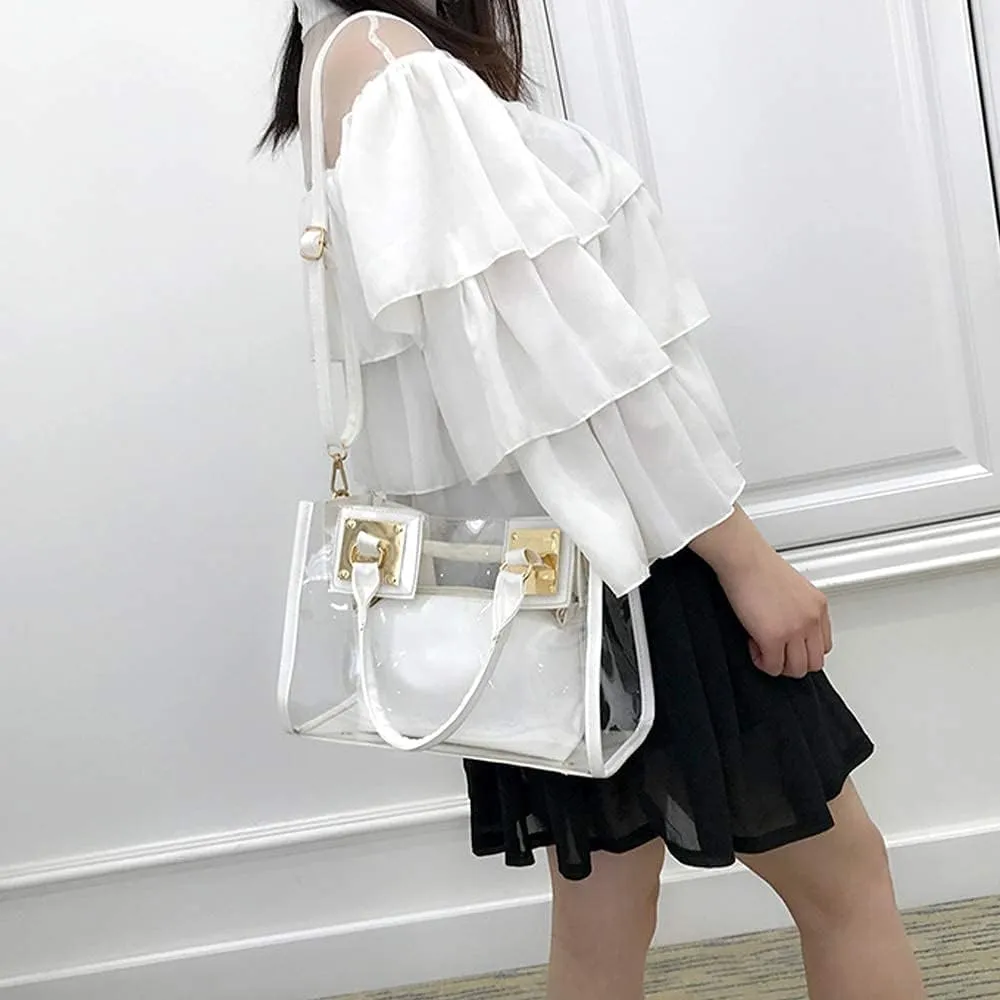 Cooba 2Pcs Handbags Purse for Women Clear Bag PVC Leather Satchel Crossbody Bag Transparent Jelly Bag Beach Shoulder Bag