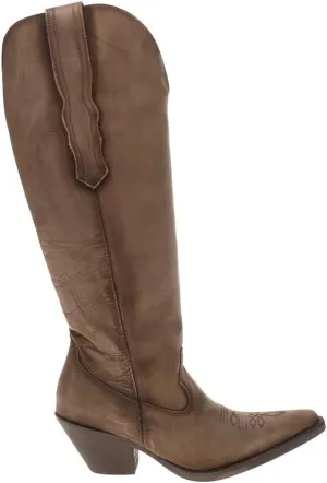Corral Boots Womens Distressed Embroidered Snip Toe Casual Boots Knee High Mid Heel 2-3" - Brown