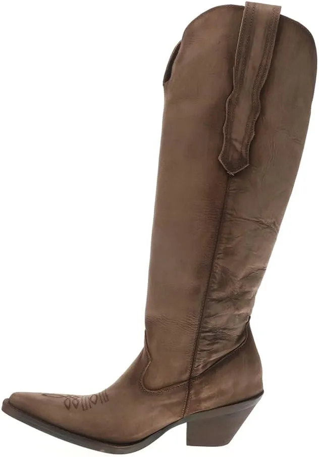 Corral Boots Womens Distressed Embroidered Snip Toe Casual Boots Knee High Mid Heel 2-3" - Brown
