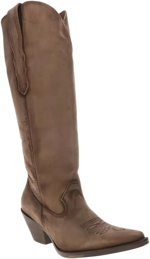 Corral Boots Womens Distressed Embroidered Snip Toe Casual Boots Knee High Mid Heel 2-3" - Brown