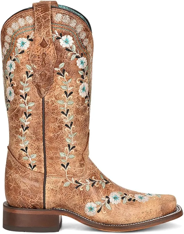 Corral Boots Womens Distressed Glow In The Dark Floral Embroidered Square Toe Casual Boots Mid Calf Low Heel 1-2" - Brown