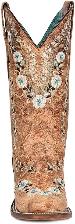 Corral Boots Womens Distressed Glow In The Dark Floral Embroidered Square Toe Casual Boots Mid Calf Low Heel 1-2" - Brown