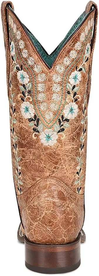 Corral Boots Womens Distressed Glow In The Dark Floral Embroidered Square Toe Casual Boots Mid Calf Low Heel 1-2" - Brown