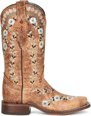 Corral Boots Womens Distressed Glow In The Dark Floral Embroidered Square Toe Casual Boots Mid Calf Low Heel 1-2" - Brown