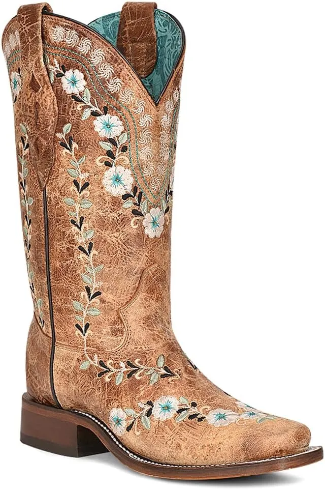 Corral Boots Womens Distressed Glow In The Dark Floral Embroidered Square Toe Casual Boots Mid Calf Low Heel 1-2" - Brown