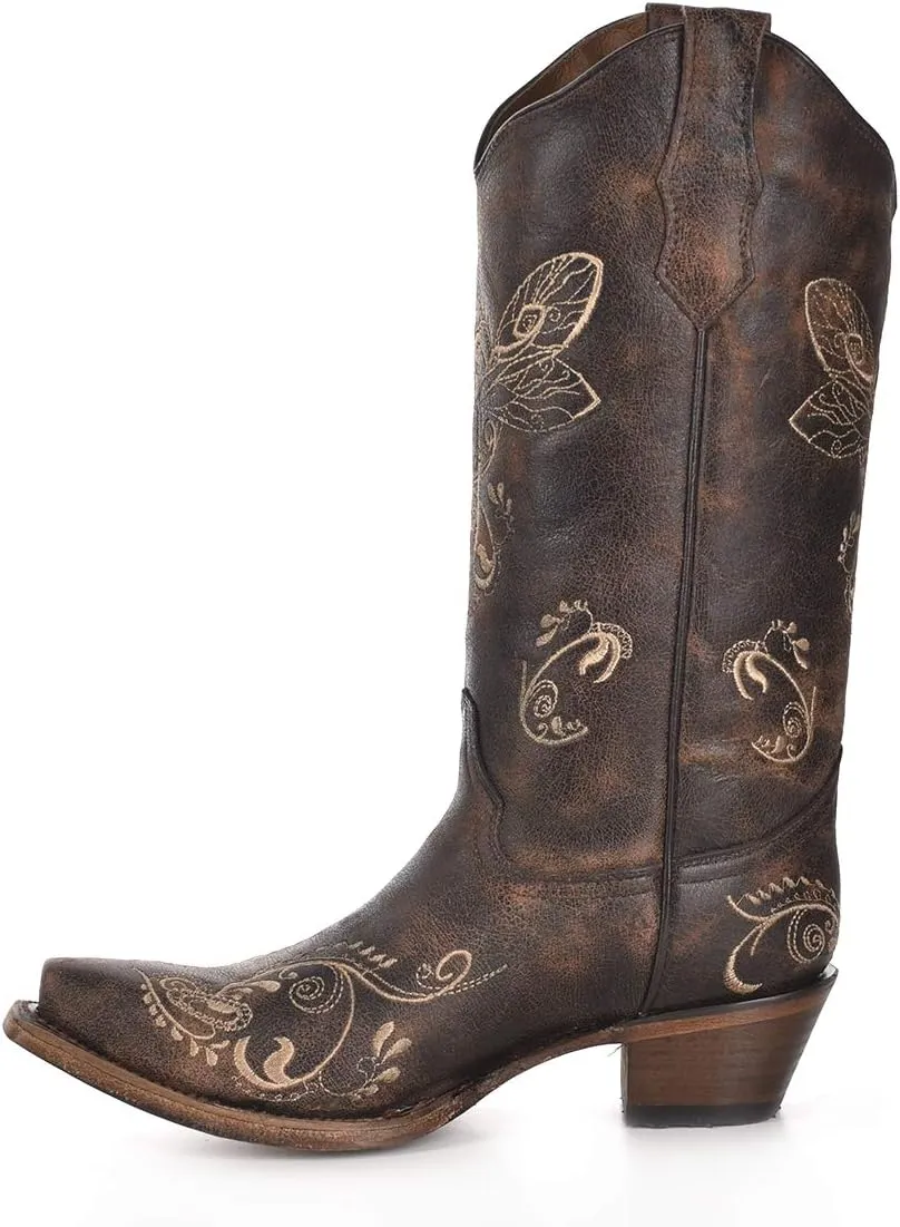 Corral Boots Womens Embroidered Snip Toe Casual Boots Knee High Mid Heel 2-3" - Brown