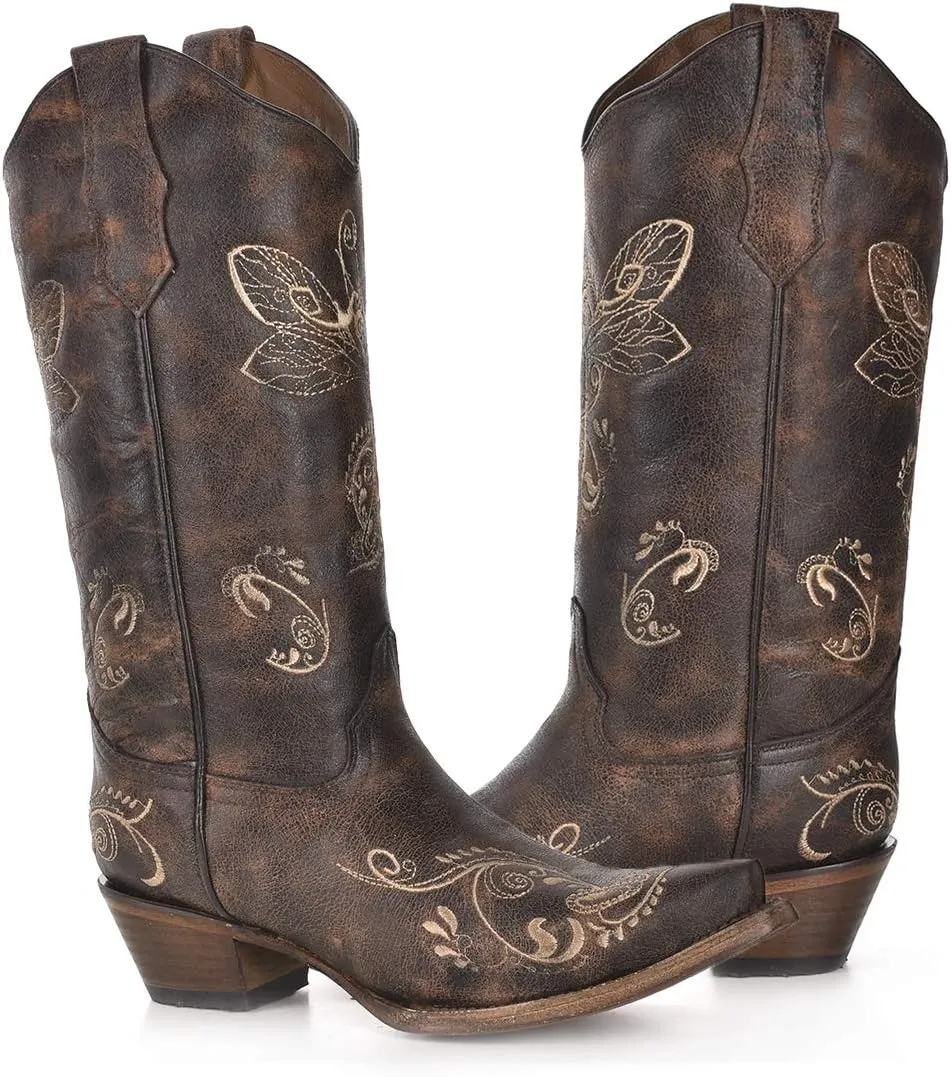 Corral Boots Womens Embroidered Snip Toe Casual Boots Knee High Mid Heel 2-3" - Brown