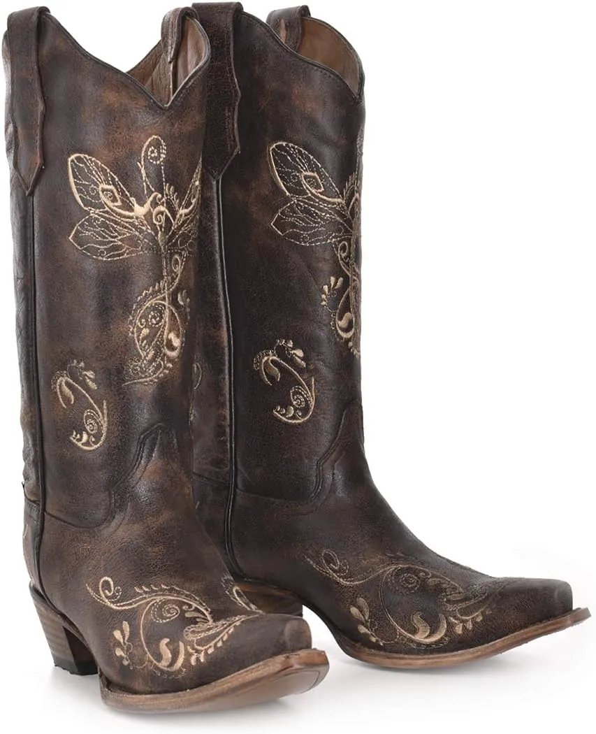 Corral Boots Womens Embroidered Snip Toe Casual Boots Knee High Mid Heel 2-3" - Brown