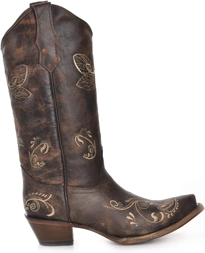 Corral Boots Womens Embroidered Snip Toe Casual Boots Knee High Mid Heel 2-3" - Brown