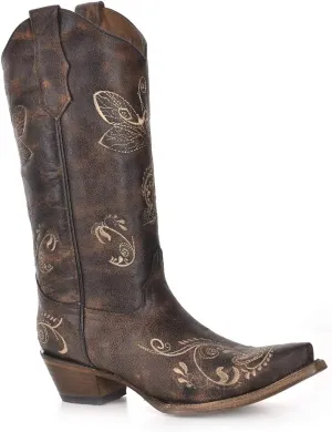 Corral Boots Womens Embroidered Snip Toe Casual Boots Knee High Mid Heel 2-3" - Brown
