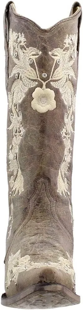 Corral Boots Womens Floral Rhinestone Embroidered Snip Toe Casual Boots Mid Calf Mid Heel 2-3" - Brown