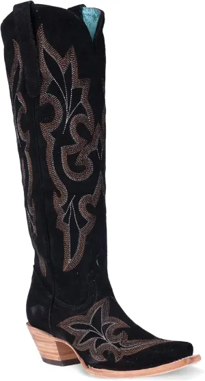 Corral Boots Womens Suede Embroidered Tall Snip Toe Casual Boots Knee High Mid Heel 2-3" - Black