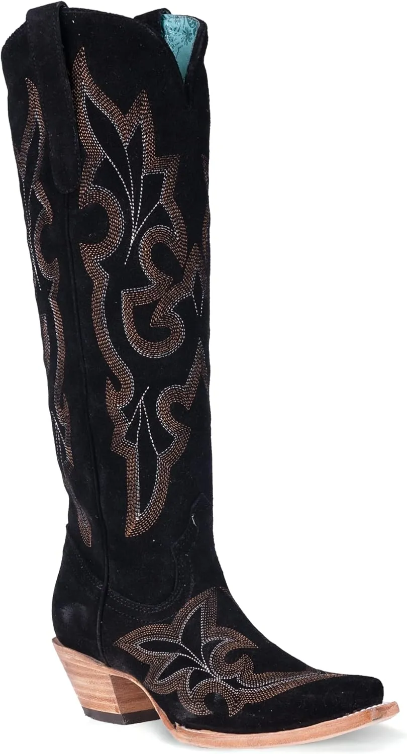 Corral Boots Womens Suede Embroidered Tall Snip Toe Casual Boots Knee High Mid Heel 2-3" - Black