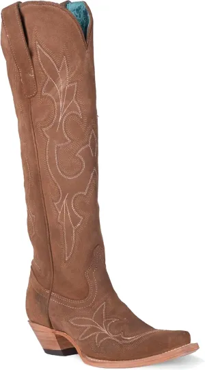 Corral Boots Womens Suede Embroidered Tall Snip Toe Casual Boots Knee High Mid Heel 2-3" - Brown